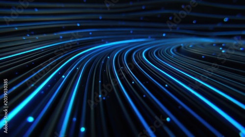 Abstract Blue Light Trails Flowing Through Darkness with Particles