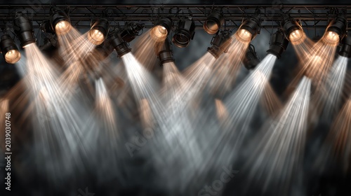 Stage spotlights illuminating smoke and haze with dramatic lighting effects