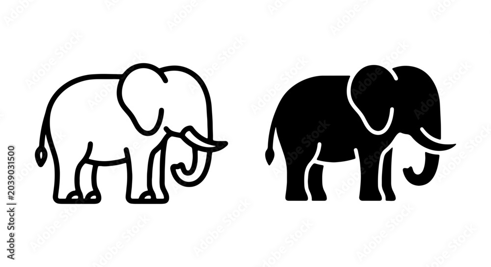Fototapeta premium Elephant Icons, Simple Outline and Silhouette Vector Graphics, Animal Symbol Set