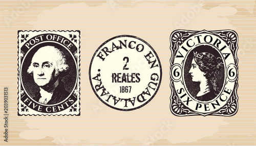 Quadro su tela Vintage postage stamps collection vector set, antique mail stickers with customi