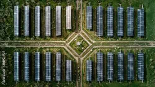 Top down aerial view of large solar panel farm array in a lush green field for renewable energy