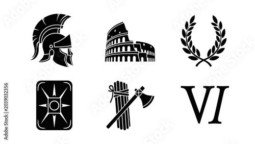 Ancient Rome Icons: Helmet, Colosseum, Laurel Wreath, Shield, Fasces, Roman Numeral VI