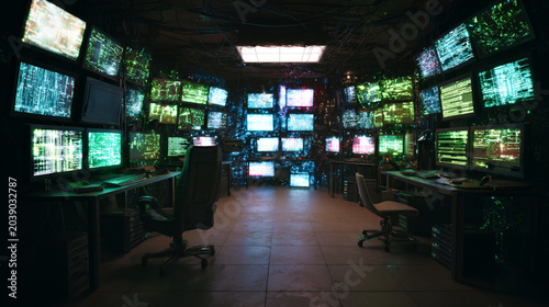 hacker computer with blue neon programming code, futuristic hacker workstation with glowing cyber code, cybersecurity programming interface in blue neon light