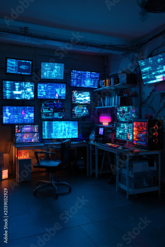 hacker computer with blue neon programming code, futuristic hacker workstation with glowing cyber code, cybersecurity programming interface in blue neon light