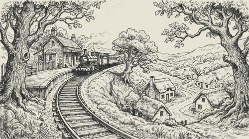 Foto Vintage train traveling through a quaint countryside village landscape