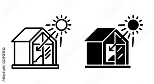 Solar Heat Gain Icons: House Sun Rays, Energy Efficiency, Building Climate Control