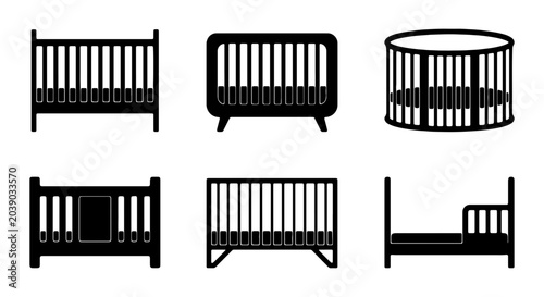Cuadro en lienzo Baby Crib Icons, Nursery Furniture Silhouettes, Toddler Bed Vector Set