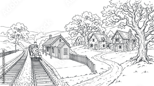 Quadro em tela Black and white illustration of a steam train approaching a small station