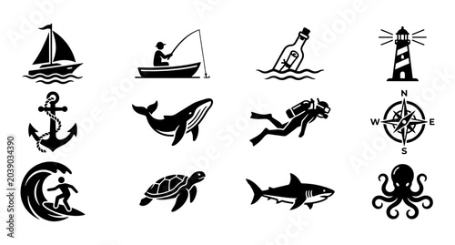 Nautical and Ocean Icon Set: Black Silhouette Marine Life and Maritime Symbols