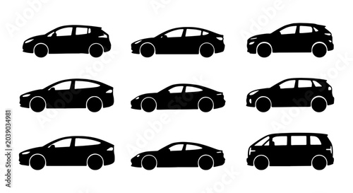 Foto Modern Car Silhouettes Collection, Diverse Vehicle Icons, Automotive Vector Set