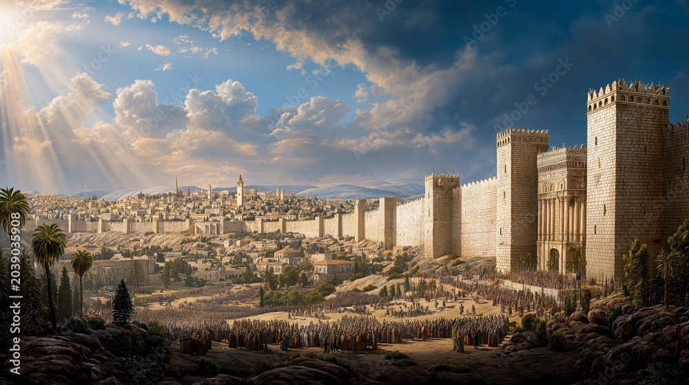 Obraz premium Jerusalem’s rebuilt walls surround the restored city in radiant daylight as Nehemiah and the people stand together in triumph, honoring perseverance, unity, and God’s faithful restoration. 