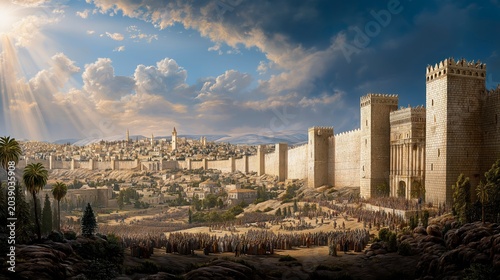 Jerusalem’s rebuilt walls surround the restored city in radiant daylight as Nehemiah and the people stand together in triumph, honoring perseverance, unity, and God’s faithful restoration.
