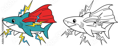 Foto Cute Teal Super Shark with Red Cape and Lightning Bolts