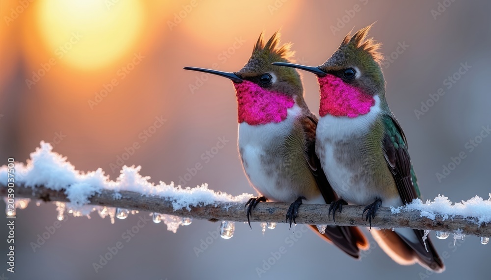Fototapeta premium Two hummingbirds rest on frosty branch with ice drops at sunrise. Small birds display pink throat feathers and green body plumage. Winter dawn light illuminates tiny wildlife pair.