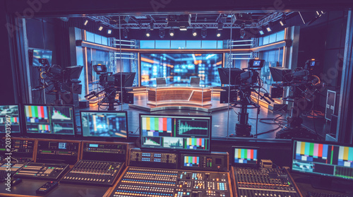 News studio control room overlooking professional broadcast set