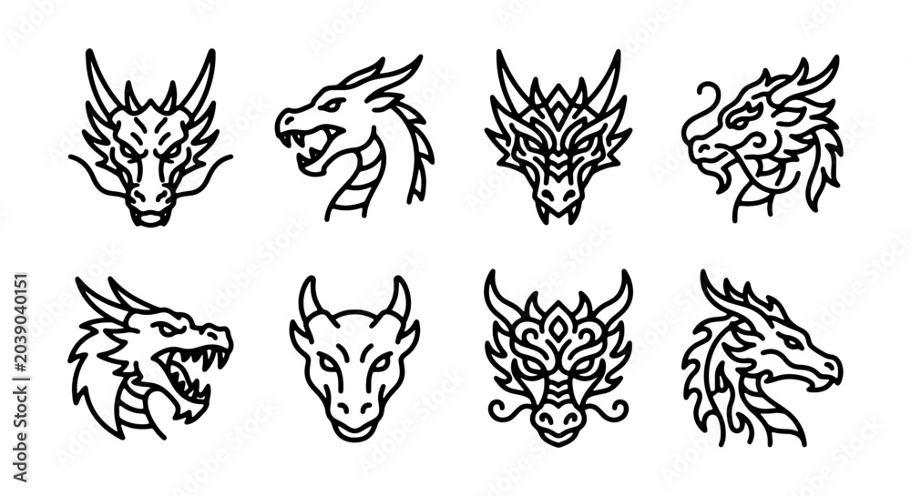 Fototapeta premium Mythical Dragon Head Icons, Fantasy Creature Vector Set, Ancient Beast Emblems, Asian Folklore Art
