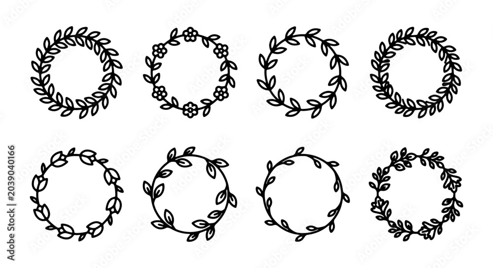Fototapeta premium Floral Wreaths, Botanical Circles, Decorative Frames, Hand-Drawn Vector Elements