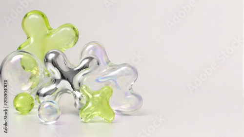 Abstract Y2k aesthetic composition with jelly 3d shapes and chrome blobs. Futuristic iridescent elements on white background. Minimalist design art for digital poster and web banner