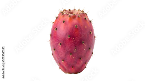 A ripe prickly pear fruit with its distinctive red skin and small spines, isolated on a white background