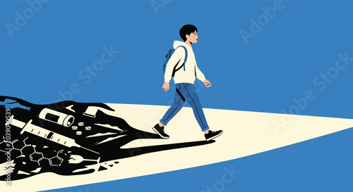 Tableau sur toile Young male student walking forward leaving behind dark shadow filled with dangerous drugs pills syringe and alcohol for addiction recovery and healthy life choices