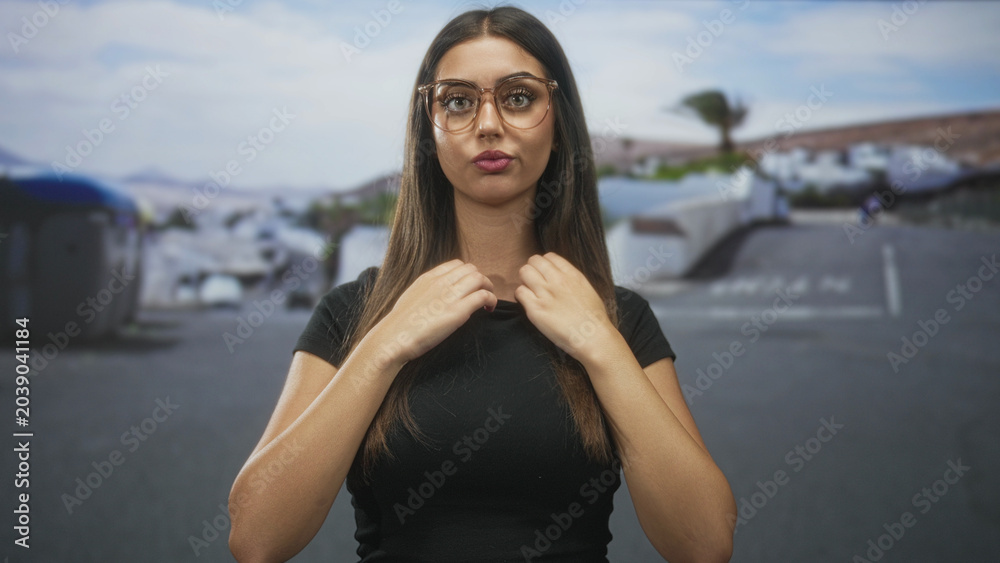 Fototapeta premium Woman with glasses adjusts her hair with both hands while facing camera on street near white buildings, a palm tree and parked cars; confidence poise.
