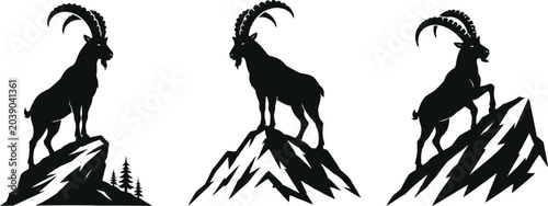 Vector Set of Wild Mountain Goats Standing on Rocks