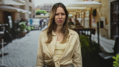 Quadro su tela Woman frowning in a tied shirt standing on a restaurant street terrace near cafe tables and umbrellas, looking displeased; urban annoyance