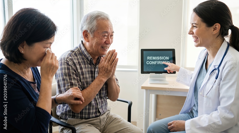 Fototapeta premium Elderly asian woman wiping tears of joy and man clasping hands while female doctor points at tablet with remission confirmed. Medical success and health recovery