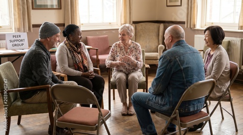 Woman leading peer support group meeting for seniors. Diverse group of elderly people listening and talking. Mental health care and community support concept