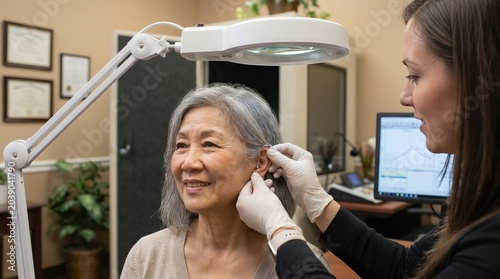 Woman getting hearing aid fitted by audiologist. Senior patient undergoing hearing test in clinic. Age related hearing loss treatment and care