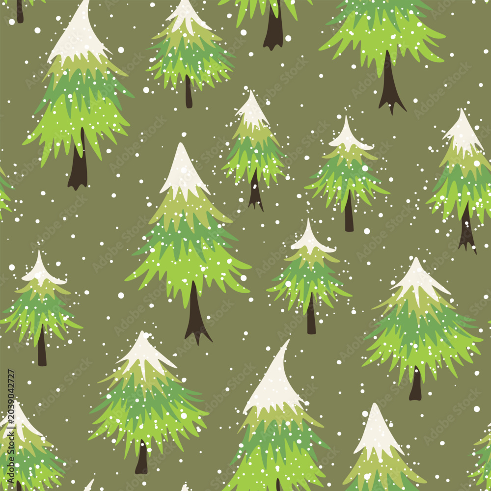 Fototapeta premium Winter seamless pattern with Christmas tree and snowflakes on color background. Vector illustration for fabric, textile wallpaper, posters, gift wrapping paper. Merry Christmas and New year Vector.