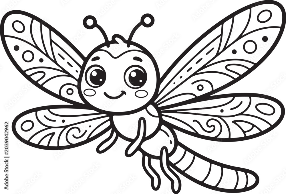 Fototapeta premium Cute Dragonfly Coloring Page for Kids. Cartoon Insect Vector Illustration. Black and White Line Art. Bug Character Sketch for Childrens Activity Book. Simple Animal Drawing for Preschoolers. 