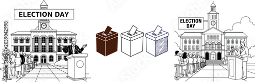 Foto Election day civic duty illustration set polling place ballot box and voting lin