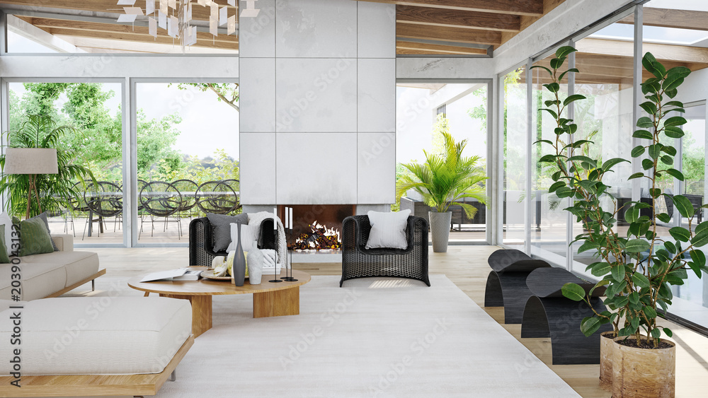 Fototapeta premium Organic Modern Luxury Interior with Biophilic Design Elements, 3d render