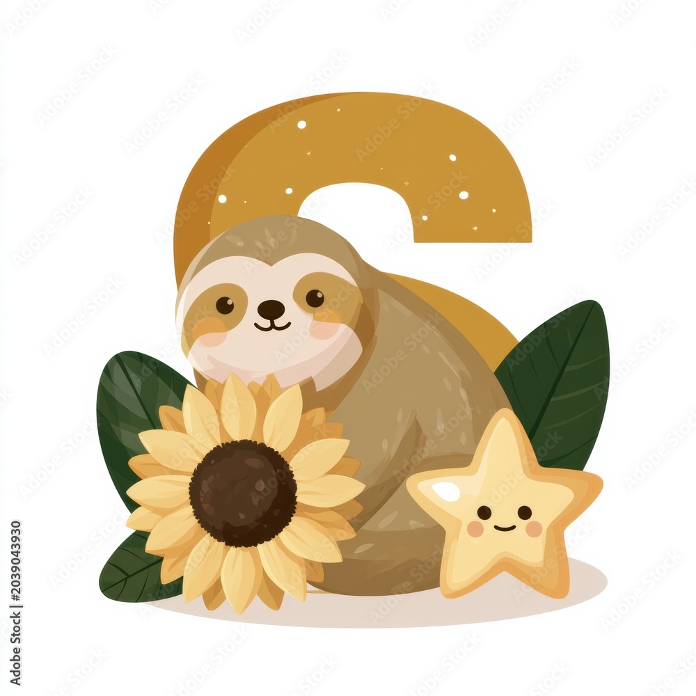 Obraz premium The design features a cartoon sloth relaxing next to a sunflower and a star, creating a playful representation of the letter S in simple style.