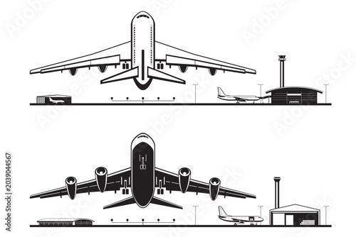 Passenger and cargo airplanes landing and take off at airport  - vector illustration