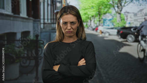 Fotografie Young woman raising both hands with palms visible and furrowed brow on a city street, shoulders tense and open palm pleading gesture; frustration