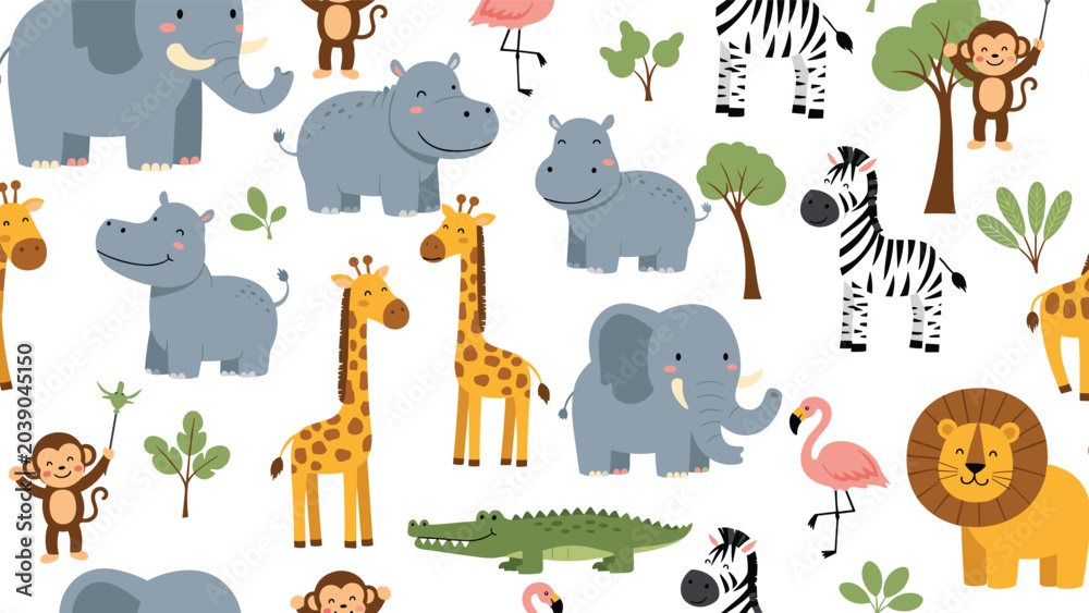Obraz premium Colorful seamless pattern featuring a variety of cute jungle animals such as elephants, giraffes, zebras, and hippos.