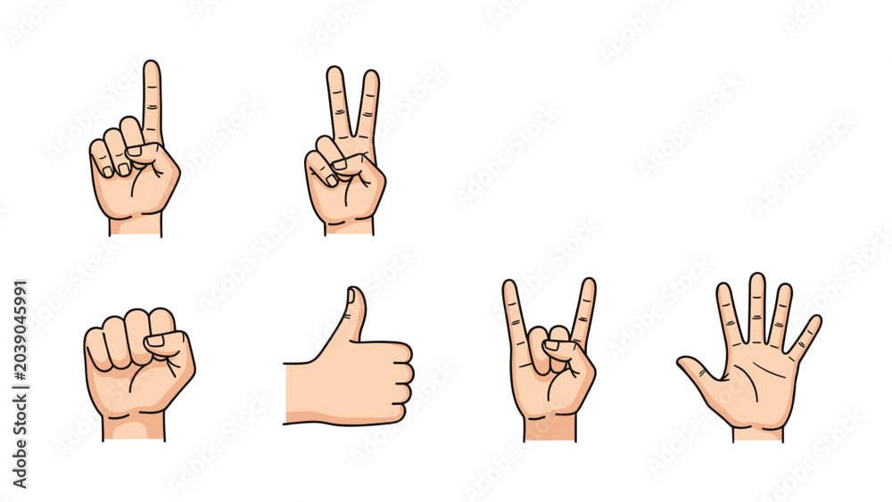 Fototapeta premium Set of realistic human hand gestures representing numbers one through five, a fist, a thumbs up, and the rock sign.
