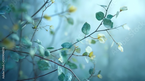 Gentle branches with soft leaves and bokeh background, serene nature scene
