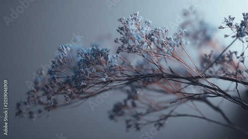 Delicate frozen flower buds on thin branches with dew drops, soft focus background