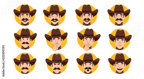 Set of facial expressions for a male cowboy character wearing a brown hat and scarf shown within yellow circular icons.