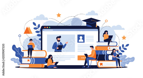 Online education concept illustrates students learning from home using laptops and books while connected to a virtual classroom.