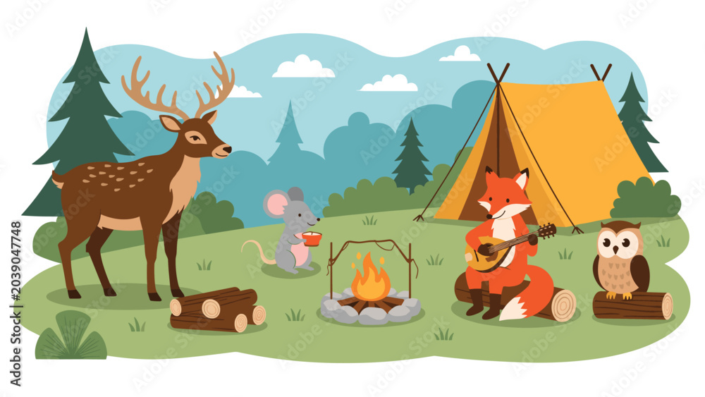 Naklejka premium Cute forest animals including a deer, fox, mouse, and owl enjoying a camping trip around a warm campfire in a beautiful green woodland.