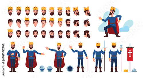 Comprehensive set of king character elements including different head expressions and full body poses in royal attire.