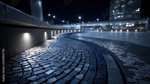 Modern City Plaza at Night with Cobblestone Path and Illuminated Building