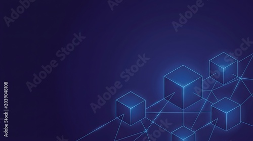 Glowing 3D Hexagonal Cubes Network in Dark Blue Futuristic Digital Background