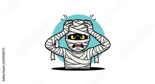 Stressed out mummy character holding its head in panic and worry against a circular light blue background, representing anxiety and pressure.