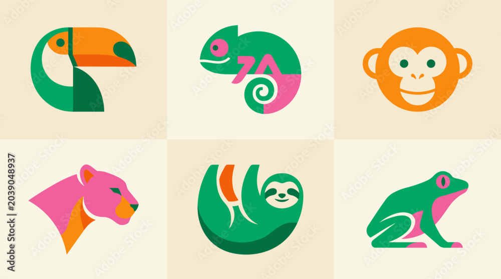 Fototapeta premium Vibrant Collection of Stylized Tropical Animals: Toucan Chameleon Monkey Jaguar Sloth Frog