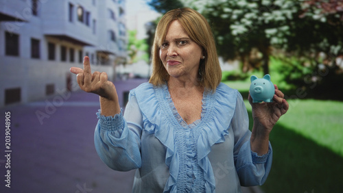 Schilderij op canvas Woman holding blue piggy bank shows middle finger on street in front of building, scowling expression; financial frustration